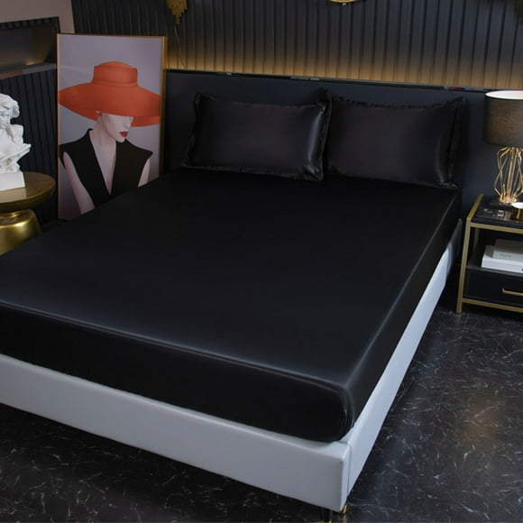 Yuarrent Sábana plana de satén duradera que se adapta a la mayoría de los colchones Funda protectora de colchón de color sólido fácil de Juegos de cama negro