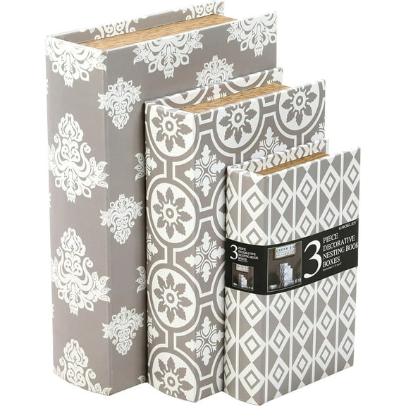 Hosley Set of 3, Wooden Gray Paisley Storage Memory Book Box