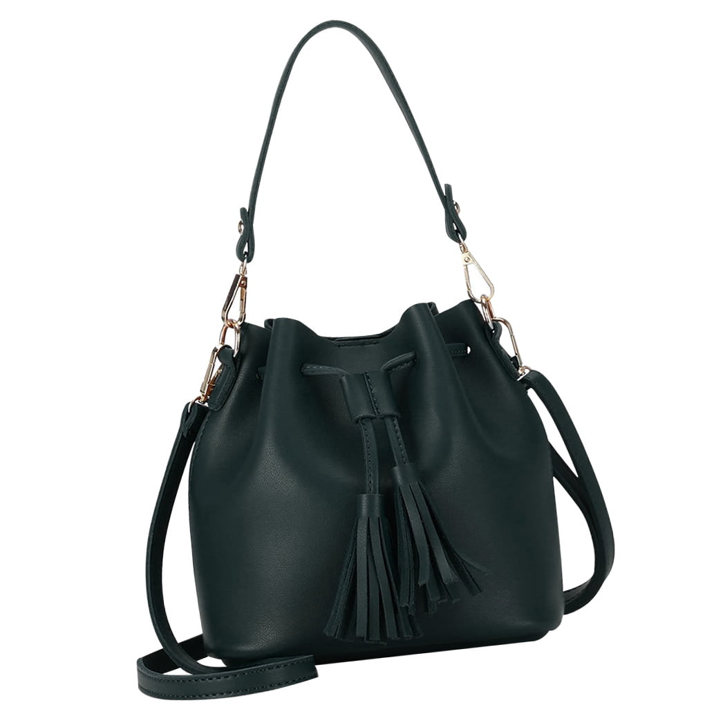 Bucket Bag Faux Leather Tassel Drawstring Crossbody Pouch Women Solid Color  Shoulder Bag Handbag