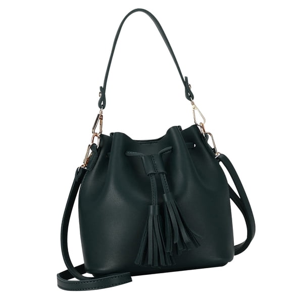 Qarigey Bolso tipo cubo con borla de piel sintética y cordón cruzado para mujer, bolso de hombro de color sólido, gris Bolsas de mensajero y de hombro Verde