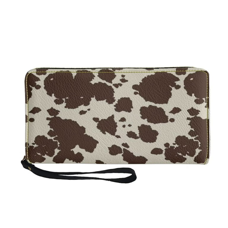 Pzuqiu Brown Cow Print Long Wallet for Women PU Leather Credit Card Holders  Cash Organizers Zip Around Phone Clutch Purse Portable 