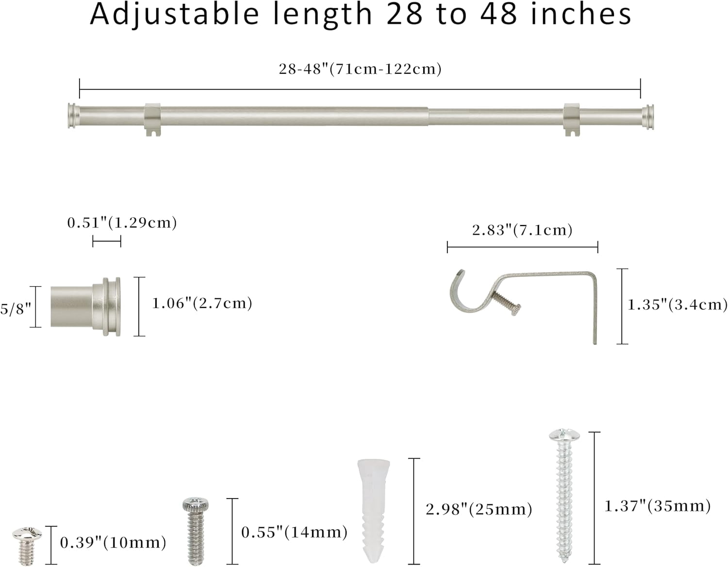 eTeckram 5/8" Single Curtain Rod with Nerveux Finials,Pewter,28‘’-48‘’