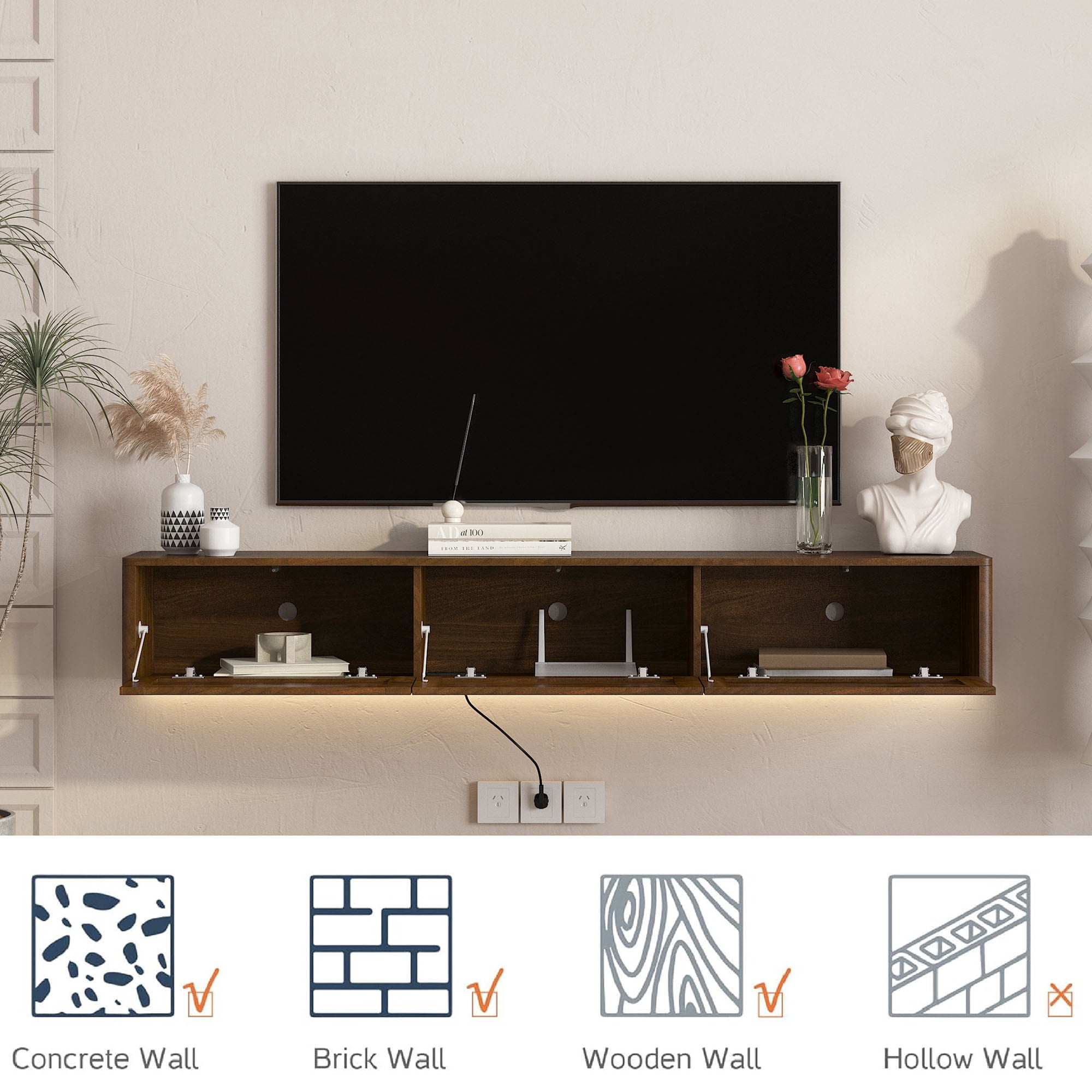 S-HOME Wall Mounted TV Shelf Featuring Led Lights and Power Outlet, High Gloss Floating TV Stand for Your Living Room