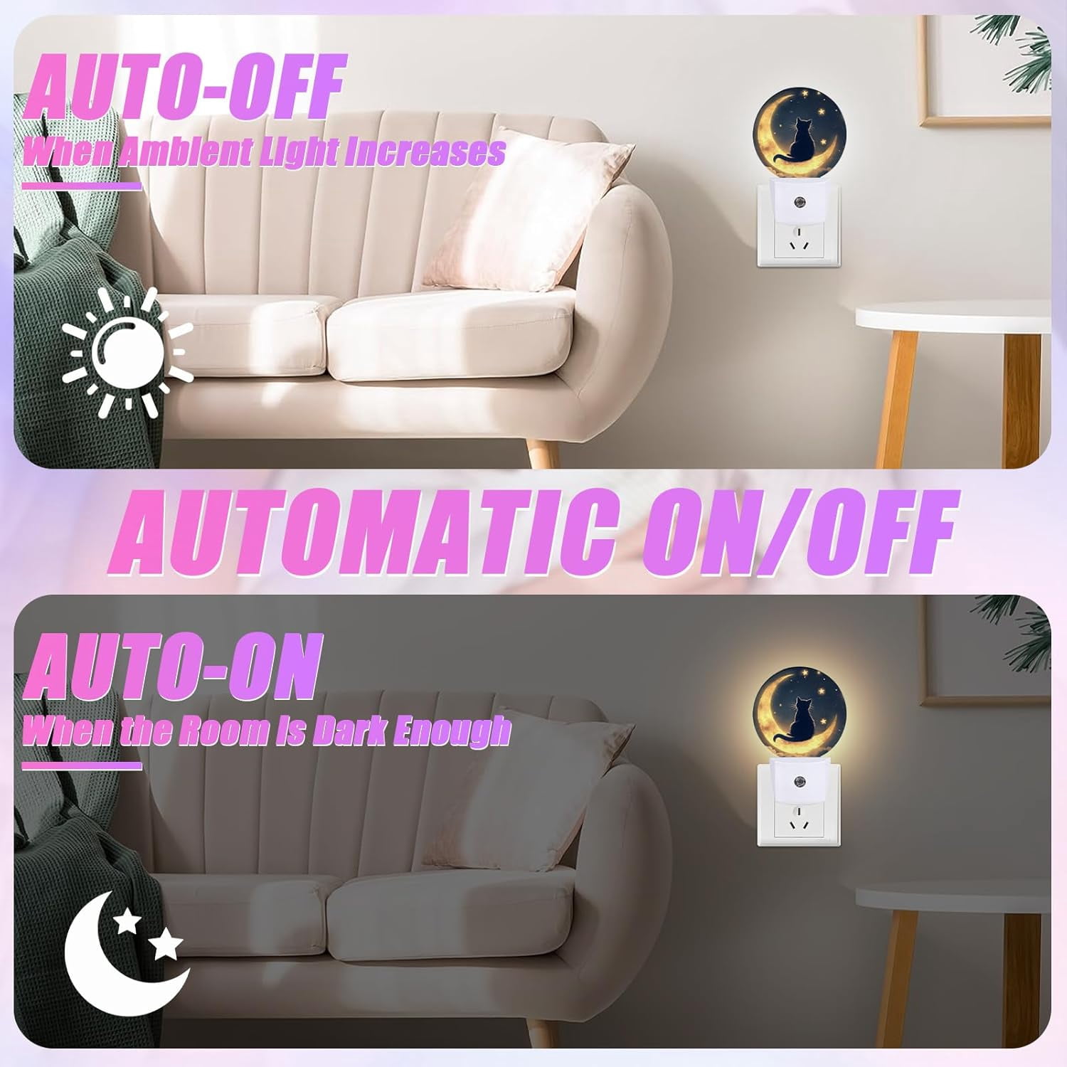 RGHJAR-Cat Moon Night Light Starry Sky Night Lights LED Lamp Round Plug into Wall Nightlight with Dusk to Dawn Sensor Home Hallway Stairway Kitchen Decor