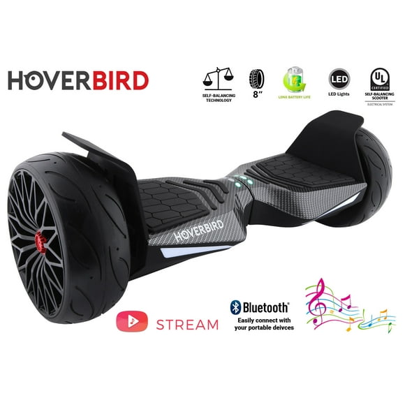 HOVERBIRD ES05 Hoverboard Robuste de 600 W avec Pneus de 8 Pouces - Certifié UL 2272 avec Bluetooth, Lumières LED, Application, Équilibre Automatique - Peau en Fibre de Carbone