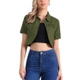 thumbnail image 1 of CHAQUETA DE JEAN CORTA DE MUJER CON CUELLO CAÍDO Y MANGAS CORTAS EN DENIM LAVADO VERDE TALLA M, 1 of 6