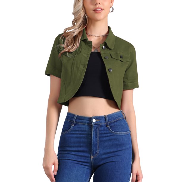 CHAQUETA DE JEAN CORTA DE MUJER CON CUELLO CAÍDO Y MANGAS CORTAS EN DENIM LAVADO VERDE TALLA M