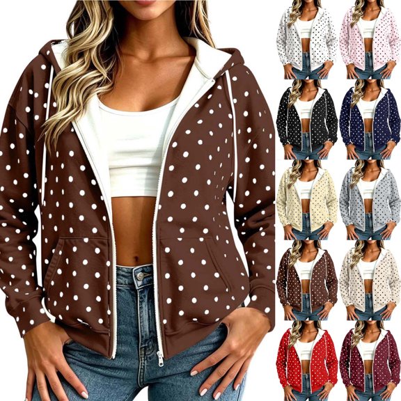 Lutiedan Womens Oversized Zip Up Polka Dot Hoodies Long Sleeve Hooded Sweatshirts Casual Fleece Lined Sweatshirts S-XXL