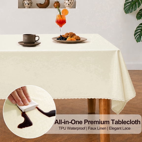 Inosoo Thick Faux linen Tablecloth, 52x70 inch Rectangle TPU Waterproof & Oil-Proof Coating Wipe Clean Linen Table Cloth, Beige