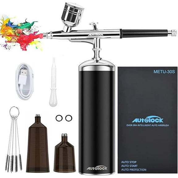 Autolock Upgraded Airbrush Kit with Air Compressor, Portable Cordless Auto Airbrush Gun Kit, Rechargeable Handheld Airbrush Set for Makeup, Cake Decor, Model Coloring, Nail Art, Tattoo