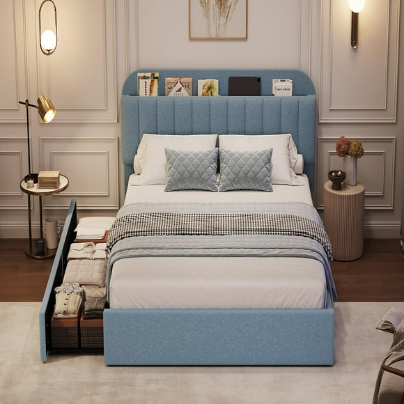 Bed Frame for Kids, Upholstered Platform Bed with 2 Large Storage Drawer and Bookcase Headboard, Noise-Free, Easy Assembly, No Box Spring Needed