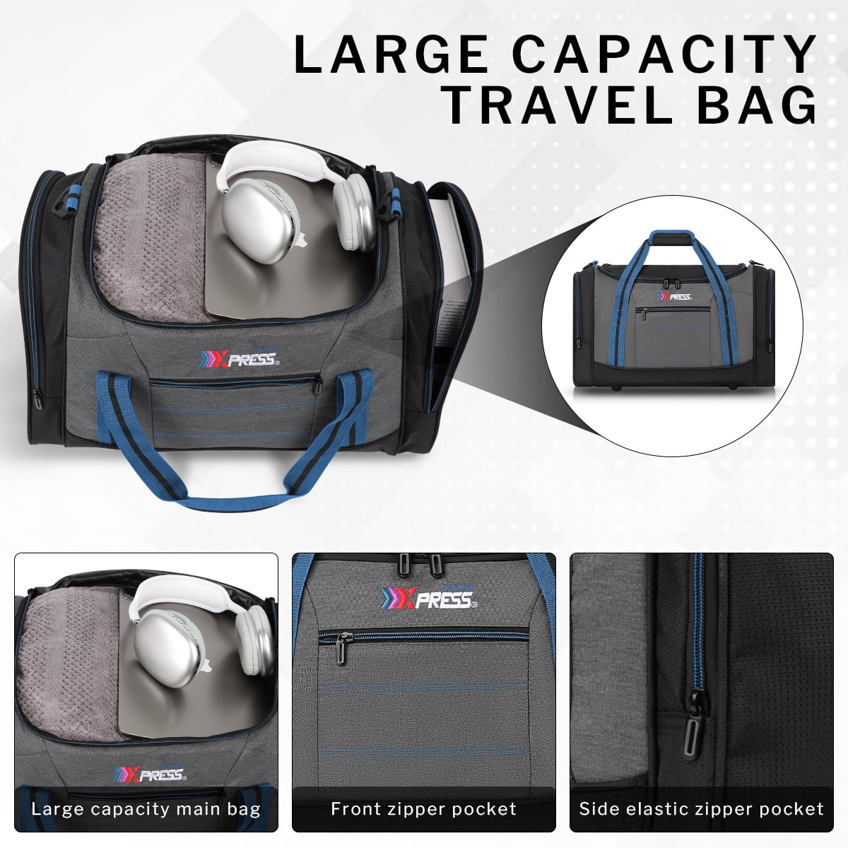 20" Travel Duffel Bag 45L Lightweight Foldable Sports Gym Bag Adjustable Strap Tear-Resistant Weekender Overnight Bag, Blue(LX298)