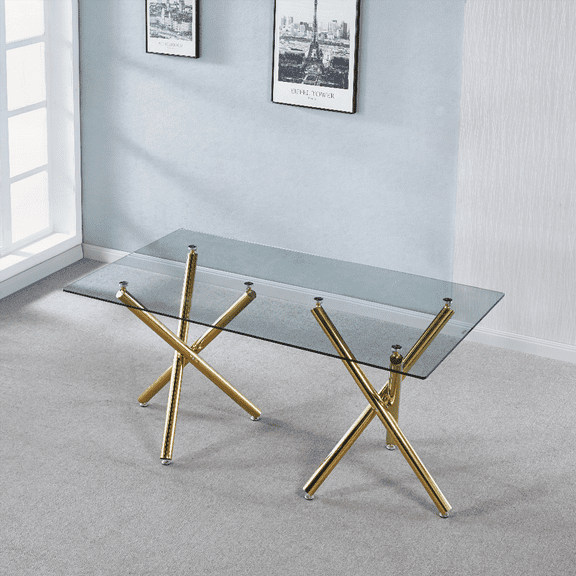 Rectangular Tempered Glass Dining Table with Double Stainless Steel Base for 6 People - Modern Dining Room Interior Design