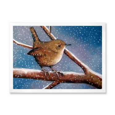 Designart 'Wren Bird On Branch In Winter' Farmhouse Framed Art Print