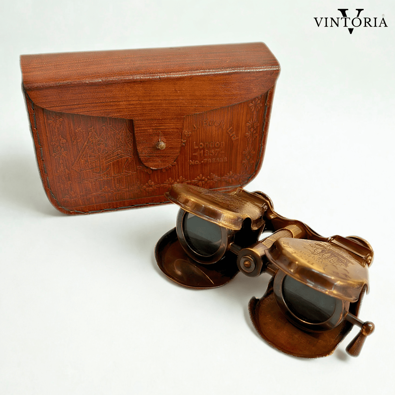 Brass Binoculars with Leather Case Columbus Engraved