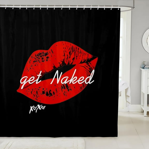 Sexy Red Lips Shower Curtain Get Naked Shower Curtain Set with Hooks for Couple Lover Men Women Funny Quotes Bathroom Curtains Fashion Stylish Black Red White Cloth Fabric Bathroom Decor 72x72 Inch