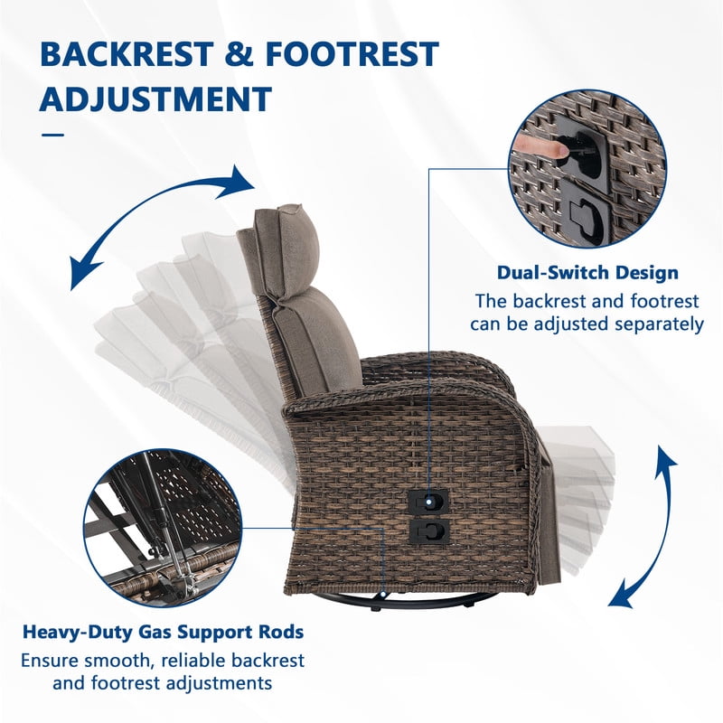 3-Piece Patio Swivel Recliner Chairs with Side Table, Outdoor Wicker Reclining Lounge Chairs with Adjustable Back and Footrest, Rattan Outdoor Furniture Set with Gray Cushions