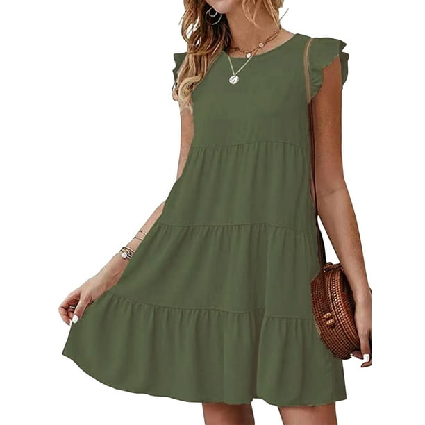 Txlixc Vestido Plisado Casual para Mujer, Adultos Primavera Color Sólido Cuello Redondo Manga Corta Una Pieza Txlixc Estilo de ocio