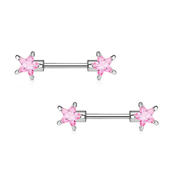 Pair of Nipple Barbells 14G Surgical Steel with Star Shaped Prong Set CZ Gems