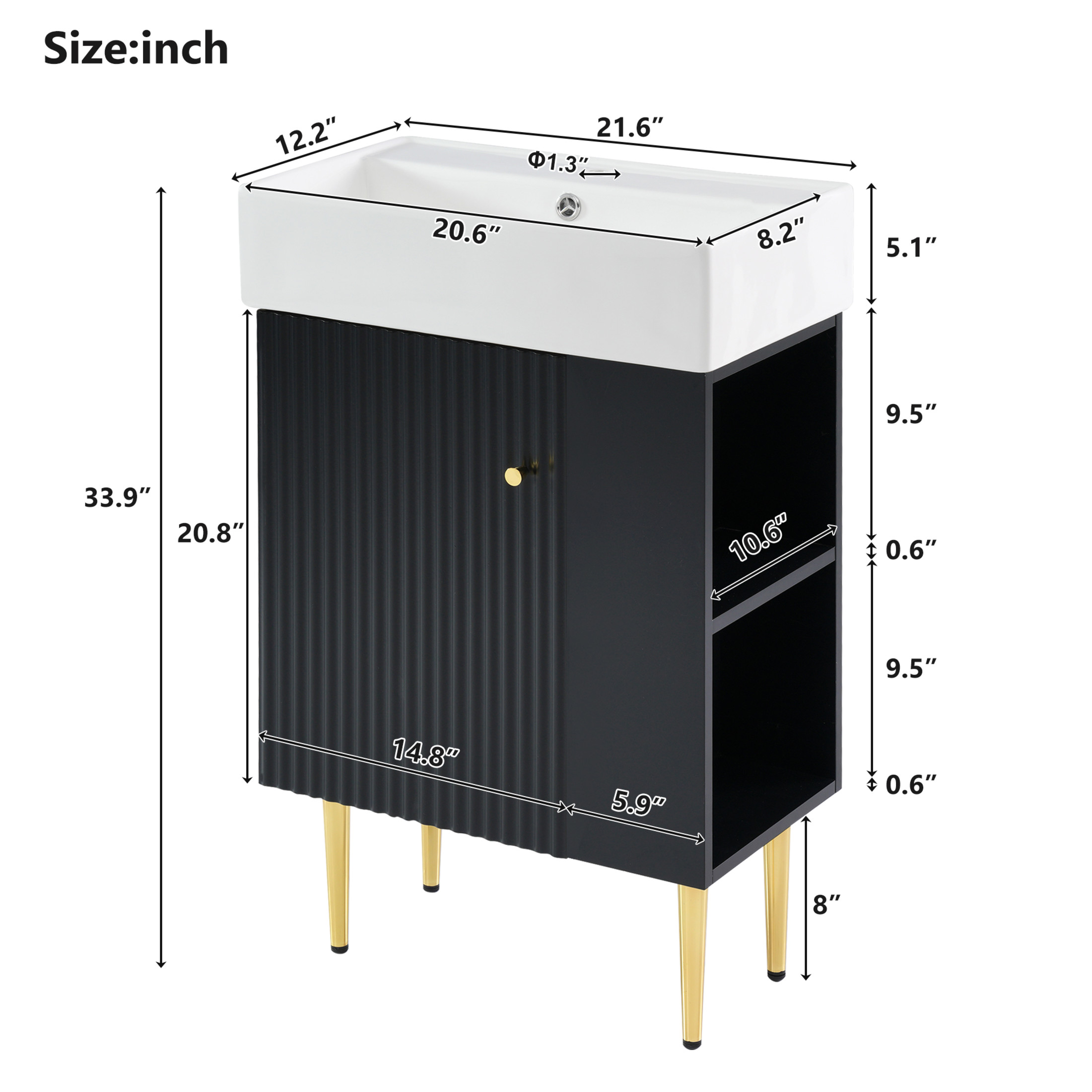 Noble House 21.6" Bathroom Vanity with Ceramic Sink, Right Side Storage Cabinet & Gold Metal Legs, Black