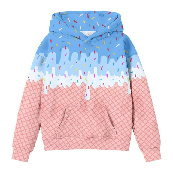 Teen Girls Ice Cream Print Hoodies Cute Y2k Pullover Long Sleeve Sweatshirts with Pocket Streewear for 4-14 Years