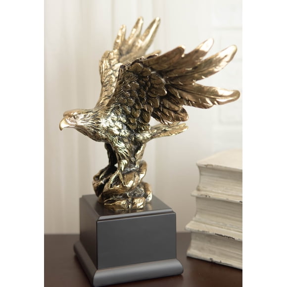 Majestic Bald Eagle With Open Wings On Rock Gold Electroplated Resin Statue 11.5"H