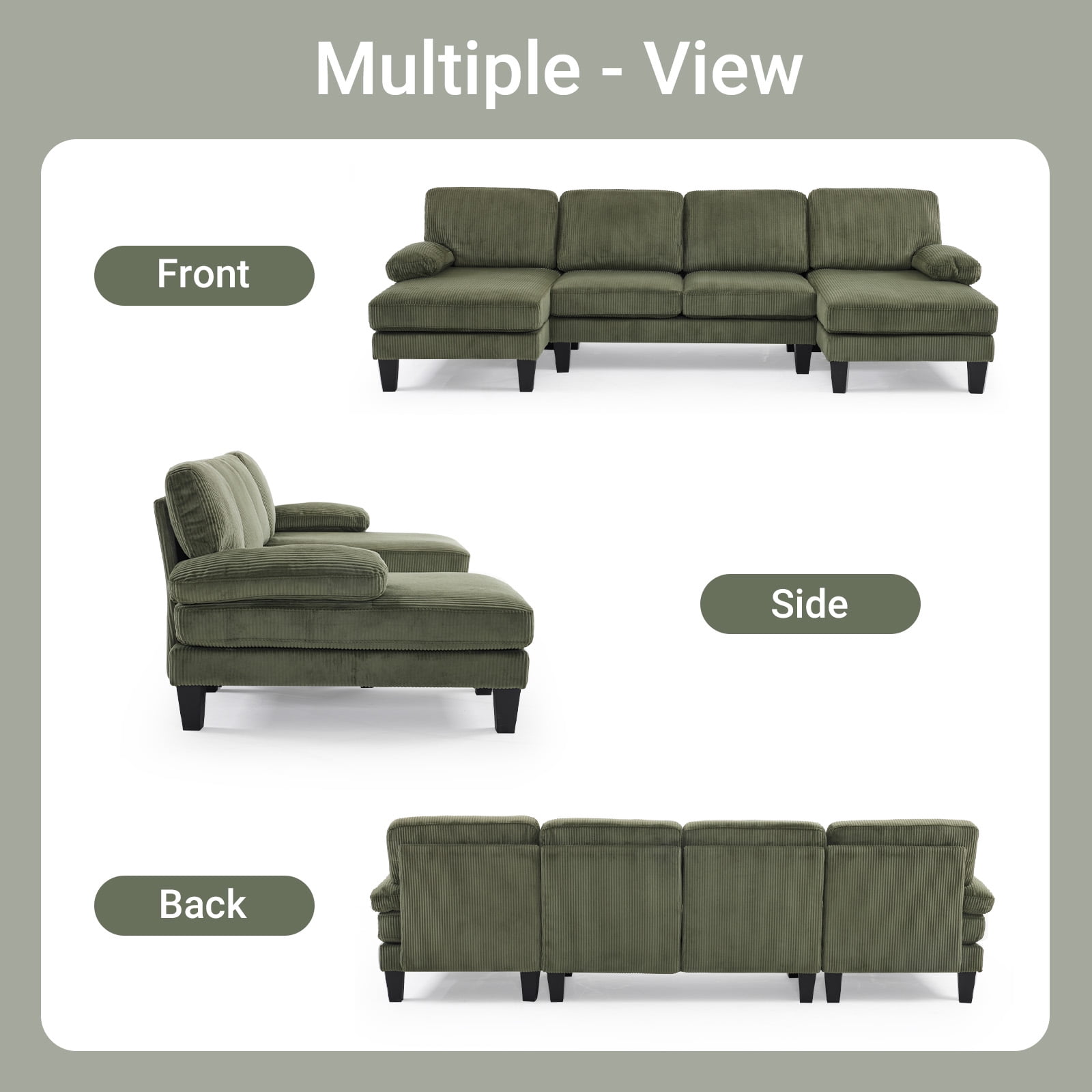 Ktaxon U-Shaped Sectional Sofa, 111"  Corduroy Couch, 4 Seat Lounge Sleeper with Double Chaise for Living Room Green