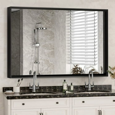 36x30in Glossy Bathroom Mirrors For Wall Rectangle Vanity Mirror Corner Hangs Farmhouse Mirror Modern Metal Framed Rectangular Mirror, Decorative Square Corner Mirror, Black