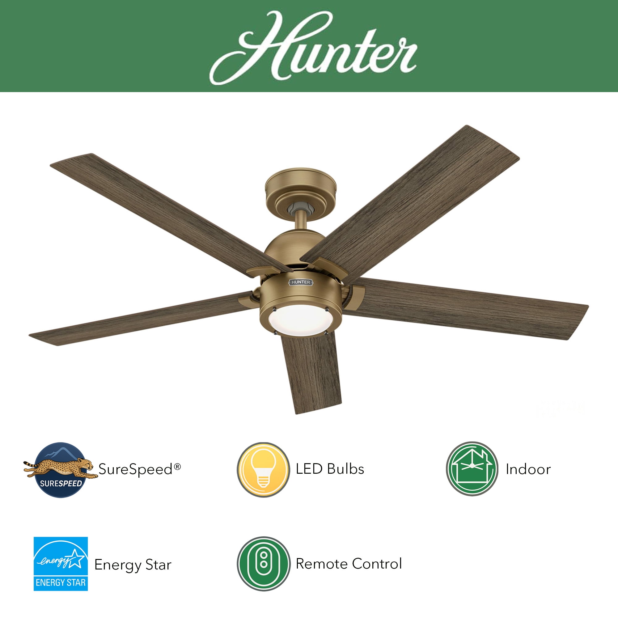 Restored Hunter Fan 52 inch Luxe Gold Indoor Ceiling Fan with Light and Remote Control for Bedroom, Office, Kitchen, Living Room (Refurbished)