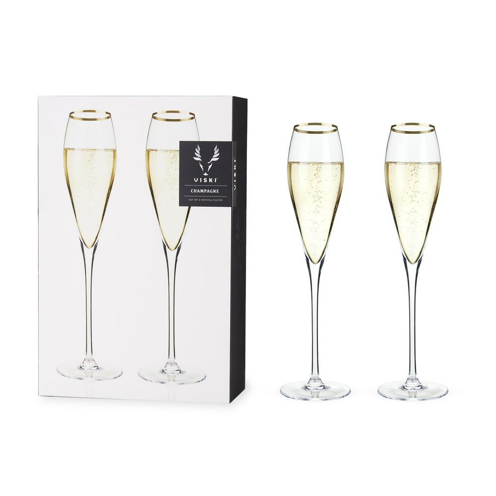 Viski GoldRimmed Crystal Champagne Flutes Set of 2, NoLead Premium