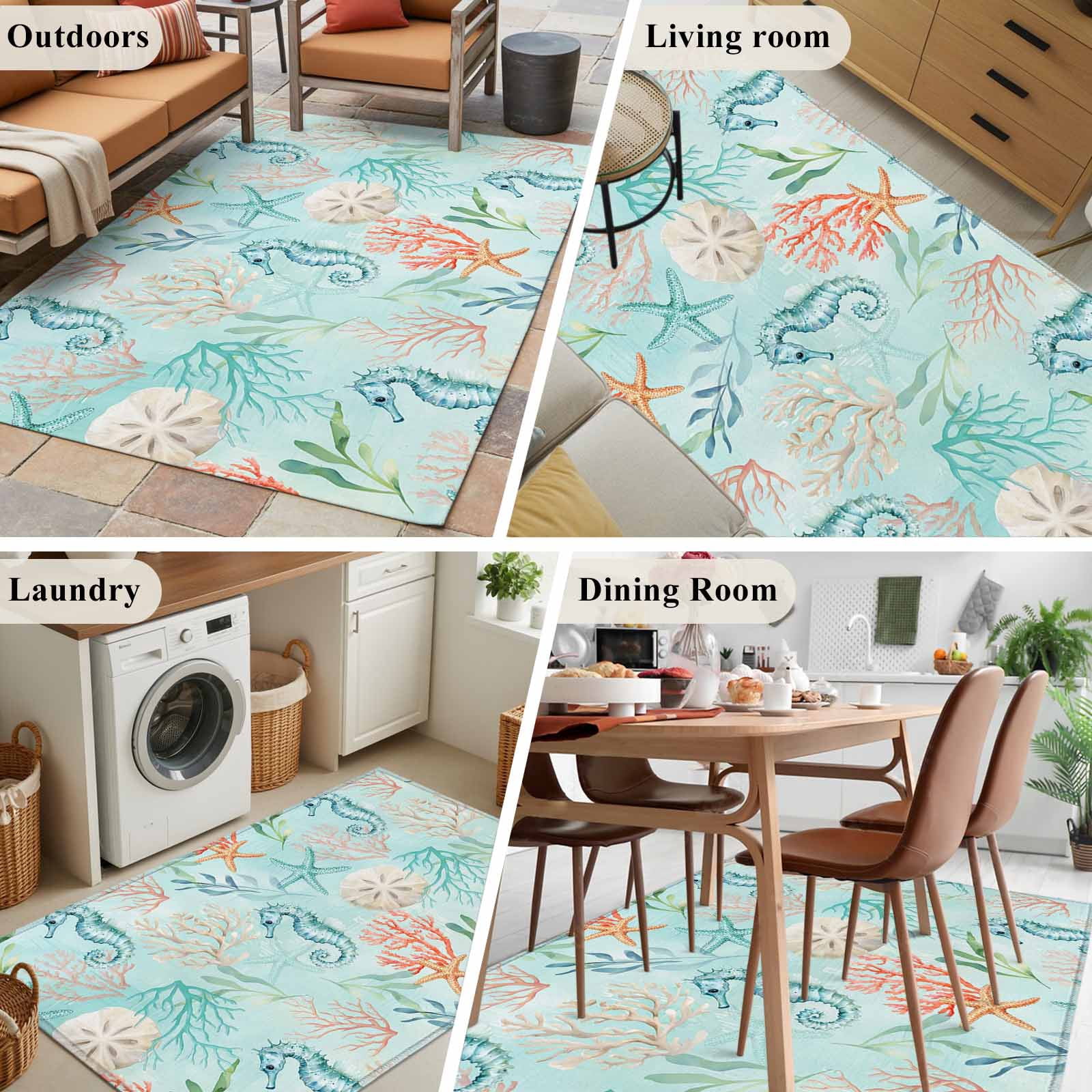 Area Rugs 2.7'x5', Teal Red Coastal Carpet for Living Room Bedroom Dining Room, Nautical Seahorse Beach Coral Starfish Throw Kitchen Rugs Non Slip Washable Rectangle Indoor Outdoor Rugs