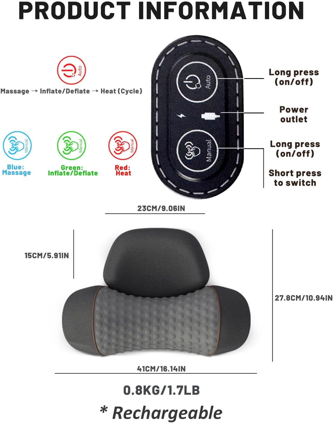 Neck Massager, Upgraded 3-in-1 Rechargeable Neck Massager Pillow with Deep Tissue, Heating & Gentle Stretcher, Ergonomic Memory Foam Pillow for Neck Back Shoulder