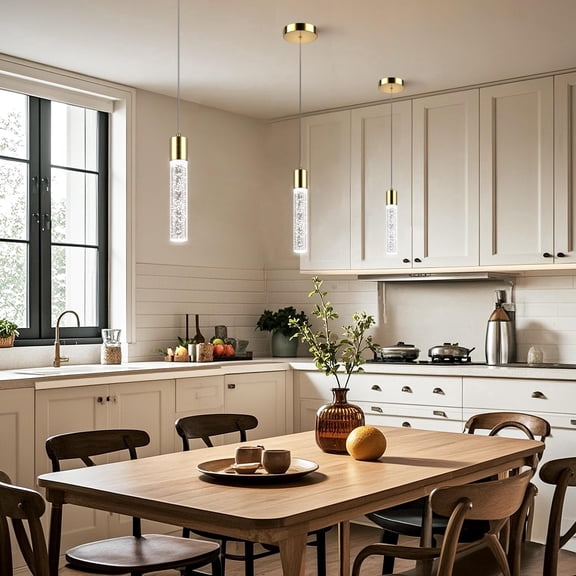 Pendant Lights for Kitchen Island, 3-Pack LED Hanging Lights, Brushed Nickel Modern Pendant Lighting with Crystal Bubble, 6500K Ceiling Light Fixture