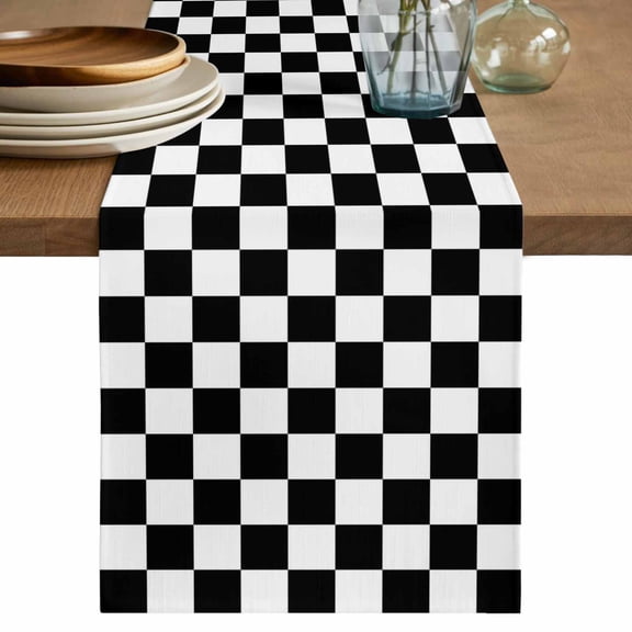 Table Runner 72 Inches Long for Kitchen Dining, Black White Plaid Dresser Scarf Farmhouse, Dining Table Decorations for Wedding/Parties, Farmhouse Modern Minimalist Geometric 14 x 72 In