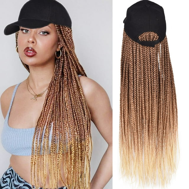 Yunkang Peluca trenzada con gorra de béisbol, extensiones de cabello trenzado con sombrero, pelo sintético rubio degradado, peluca negra con pelo trenzado de 24 pulgadas de largo para mujeres (B-70)