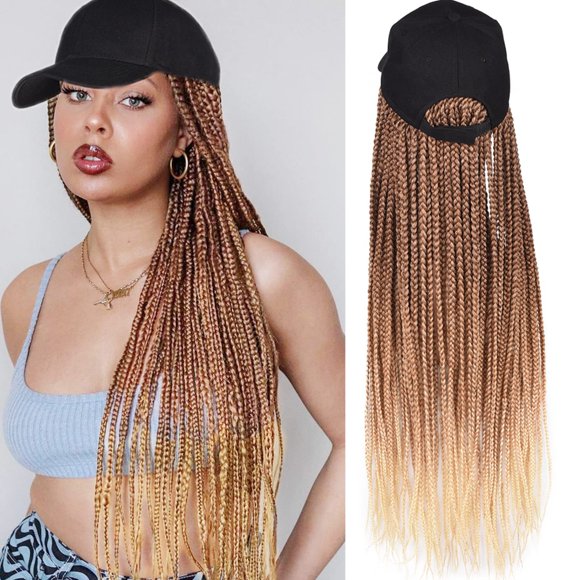 Yunkang Peluca trenzada con gorra de béisbol, extensiones de cabello trenzado con sombrero, pelo sintético rubio degradado, peluca negra con pelo trenzado de 24 pulgadas de largo para mujeres (B-70)