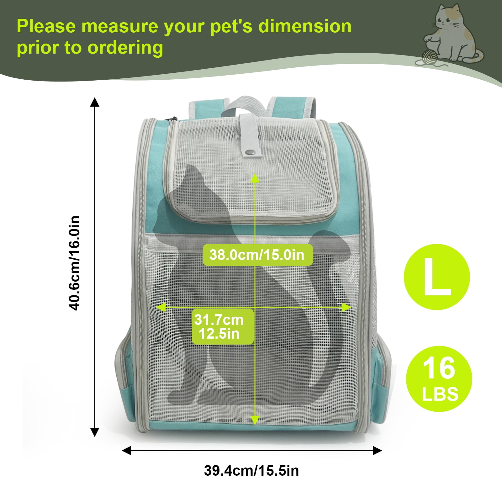 Full Vented Cat Backpack Carrier, Back Expandable Backpack for Large Cat and Small Dog up to 16 Pounds, Airline Approved Kitten Carrying Bag for Traveling and Hiking