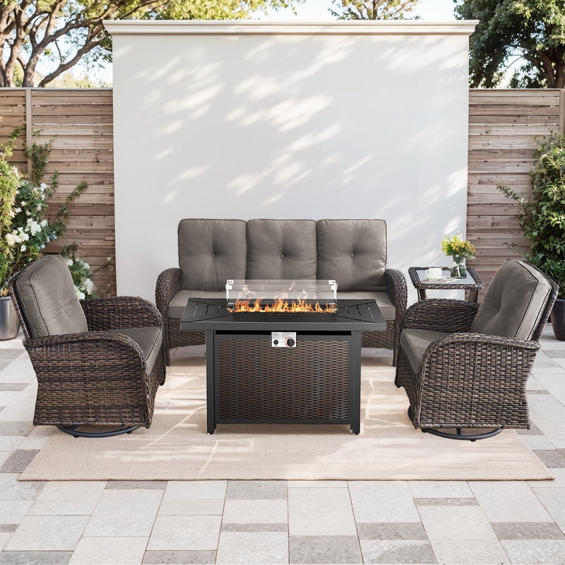 PARKWELL 5 Pieces Outdoor Patio Furniture Set with Fire Pit Table,All Weather Wicker Cushioned Rocking Chairs,Loveseat Glider for Garden Lawn Balcony Porch Deck,Brown/Navy