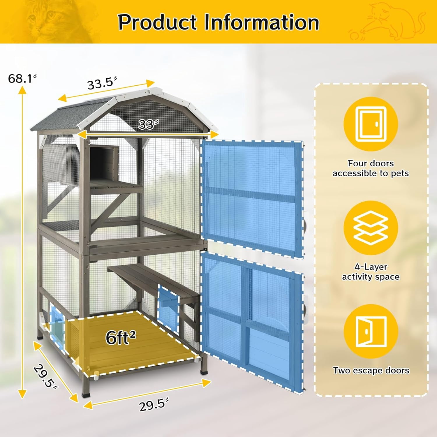 71'' Large Cat House Outdoor Catio Enclosures Indoor Kitten Cages with Attachable Window Resting Box,Waterproof Roof