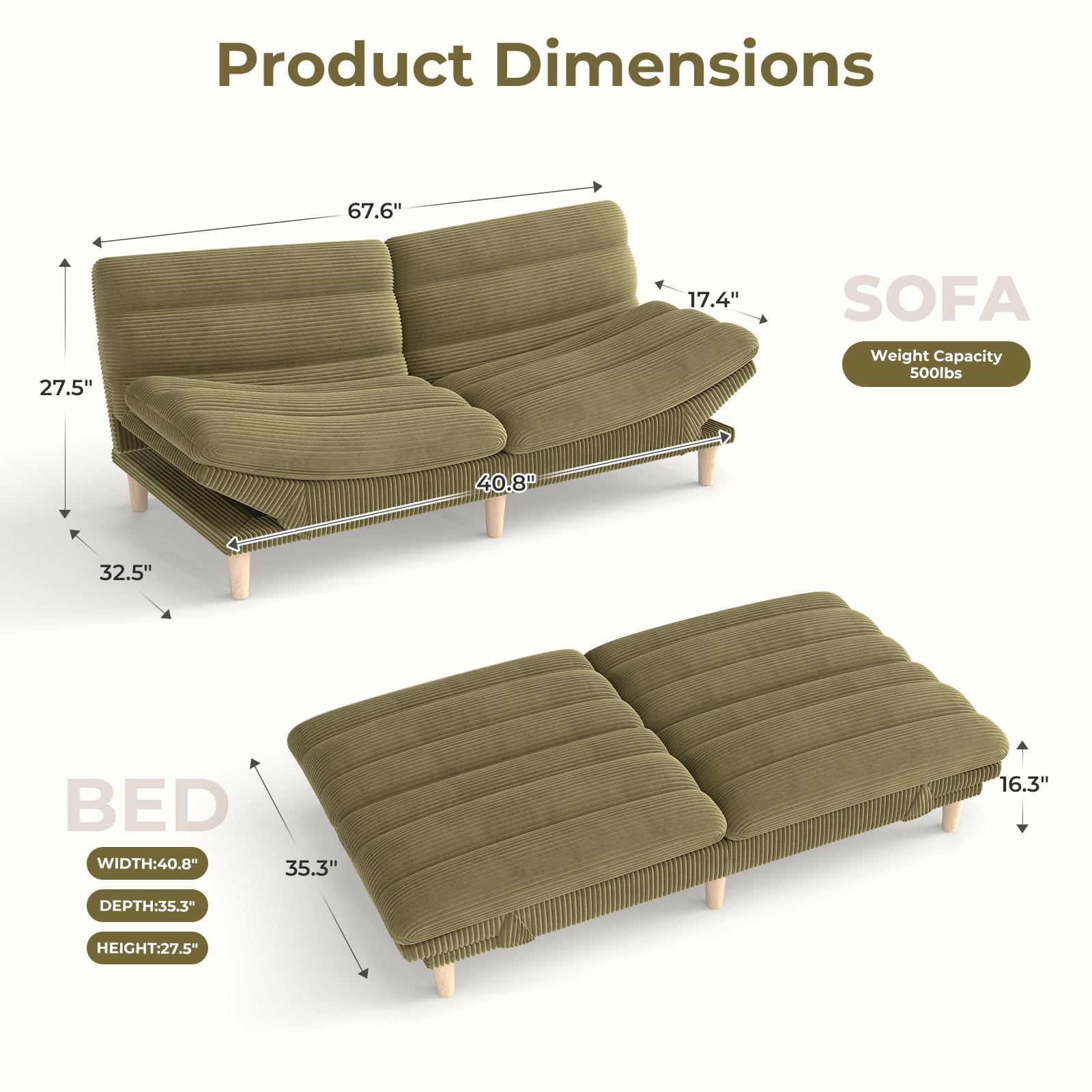 Ebello Convertible Futon Sofa Bed, Fabric with 3-Position Reclining Backrest and Adjustable Armrests for Living Room Apartment Office, Green