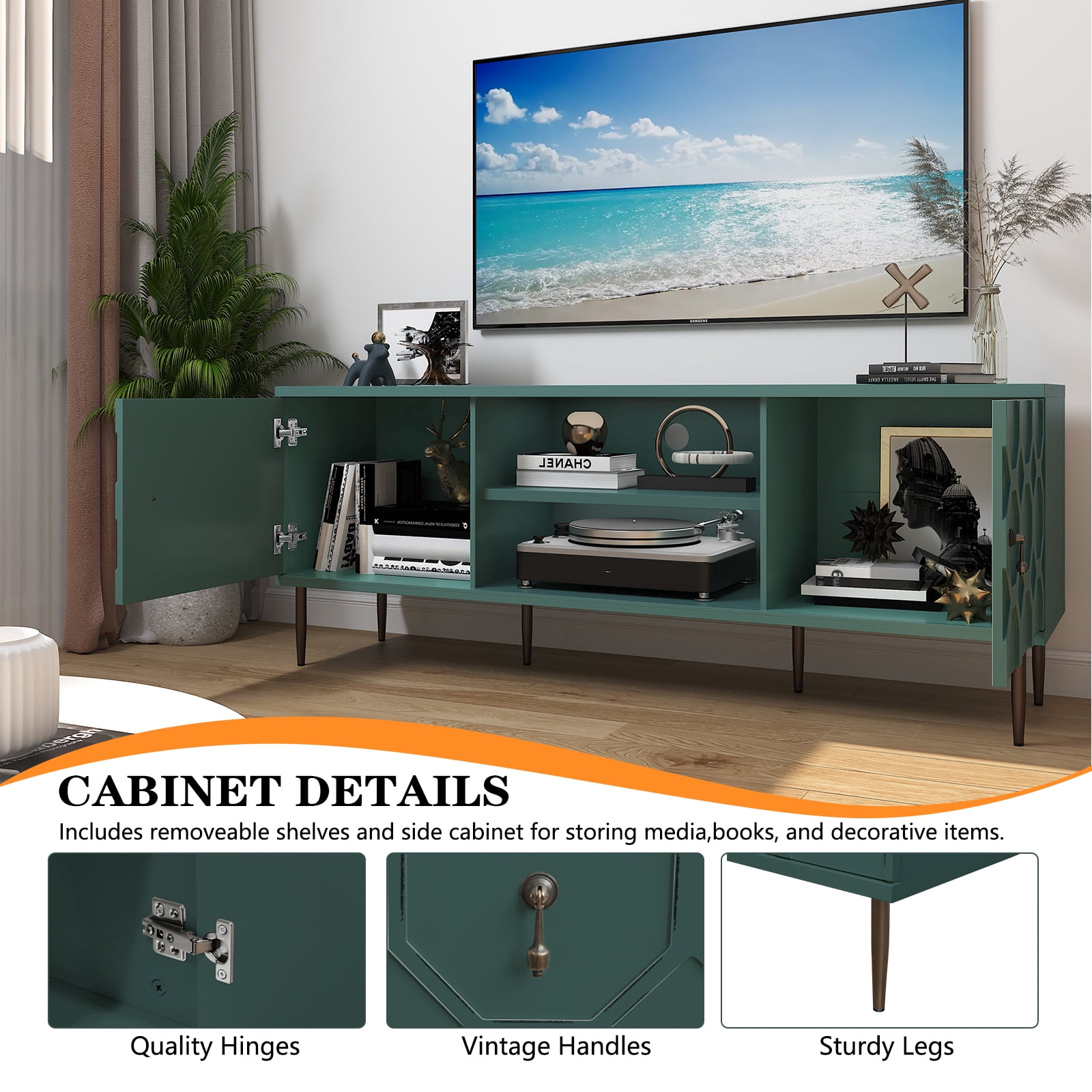 HLR 63" TV Stand, for TVs up to 75", Mid-Century Wood Entertainment Center for Living Room, Green