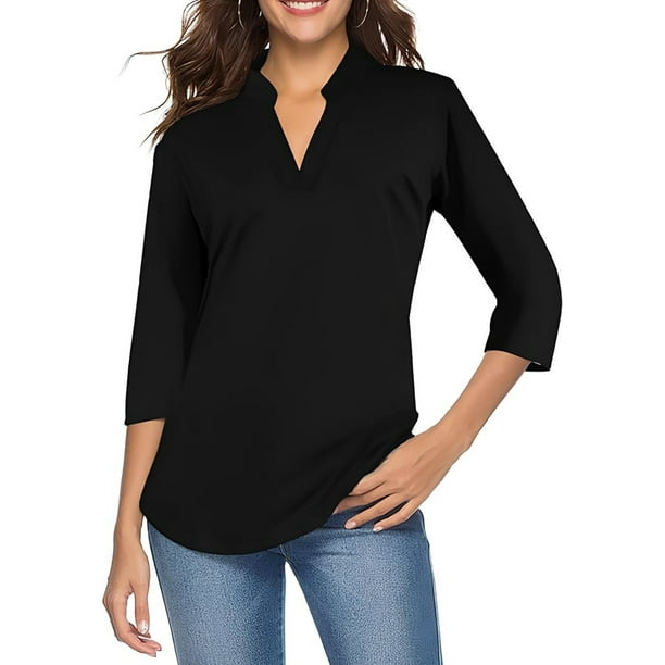 Blusa elegante de mujer con cuello en V, camisa de manga larga, blusa informal de trabajo