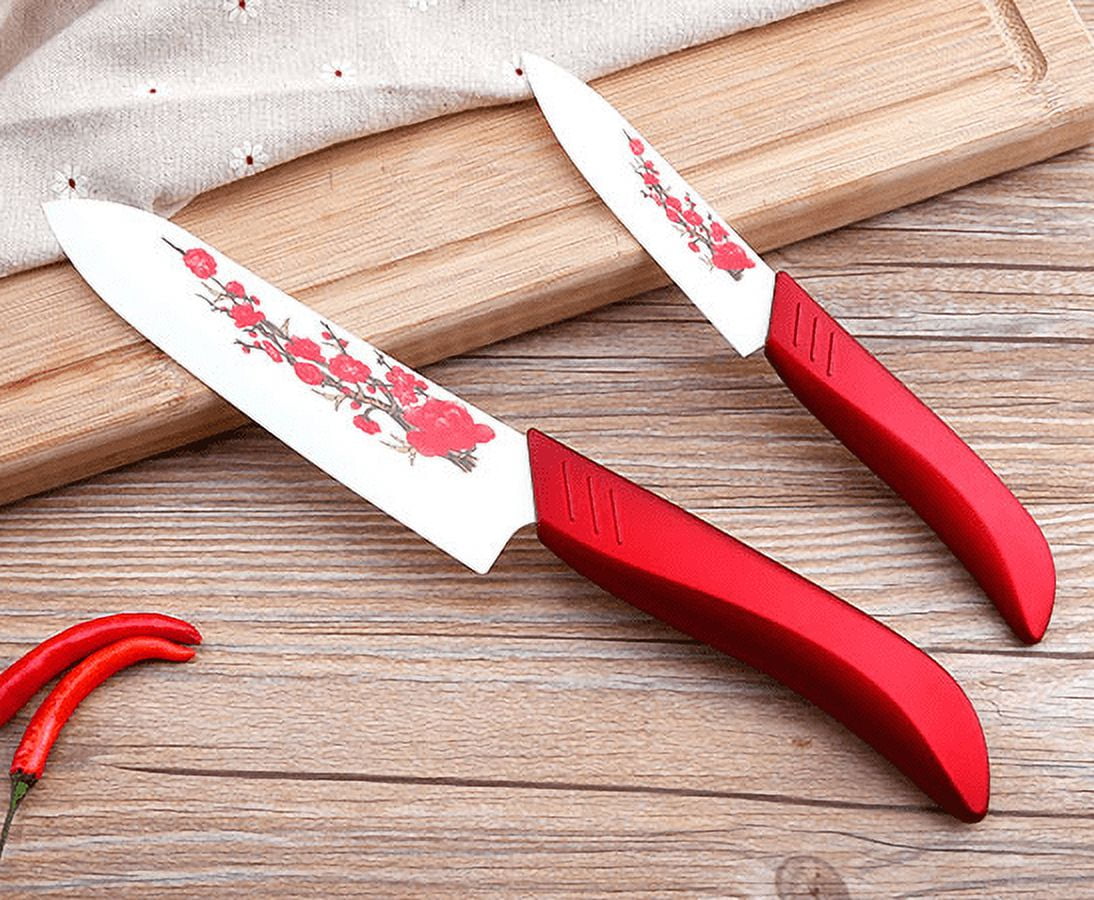 6 pcs Professional Ceramic Kitchen Knife Set with Peeler and Holder (6" Chef's/5" Utility/4" Fruit/3" Paring) - Ceramic Kitchen Cutlery/ Ceramic Knife Set (Red)