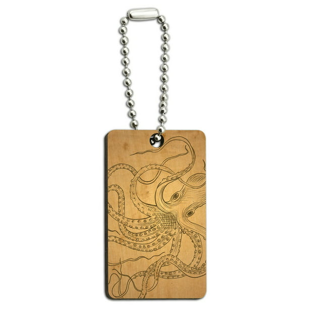 Vintage Ink Drawn Octopus - Sea Monster Tattoo Wood Rectangle Key Chain -  