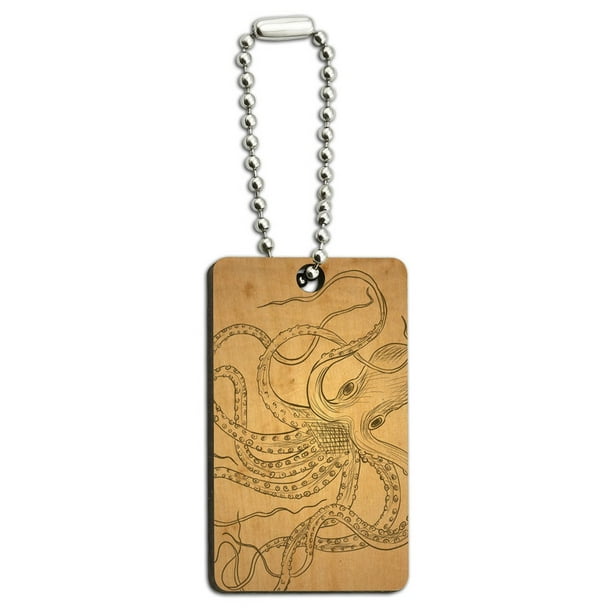 Vintage Ink Drawn Octopus - Sea Monster Tattoo Wood Rectangle Key Chain - Vintage Ink Drawn Octopus - Sea Monster Tattoo Wood Rectangle Key Chain -