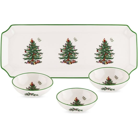 Spode Christmas Tree Rectangular Tray with Dipping Bowls, 4 Piece Holiday Serveware Set - Dip Bowls for Sauces, Nuts, Candy, Condiments - Fine Earthenware, Dishwasher Safe - Entertaining Essential
