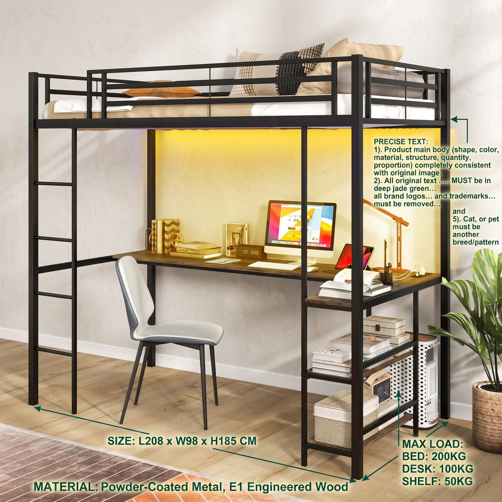 Furnibear Twin Size Loft Bed with Desk and 2 Storage Shelves for Teens Dorm Bedroom, Metal Loft Bed Frame with LED Lights and Ladder, Black