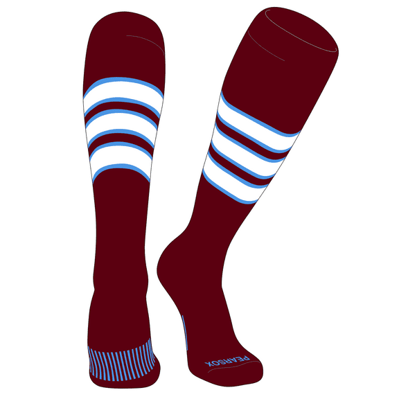 PEAR SOX Striped OTC Baseball, Softball, Football Socks (C) Cardinal, Sky Blue, White (L)