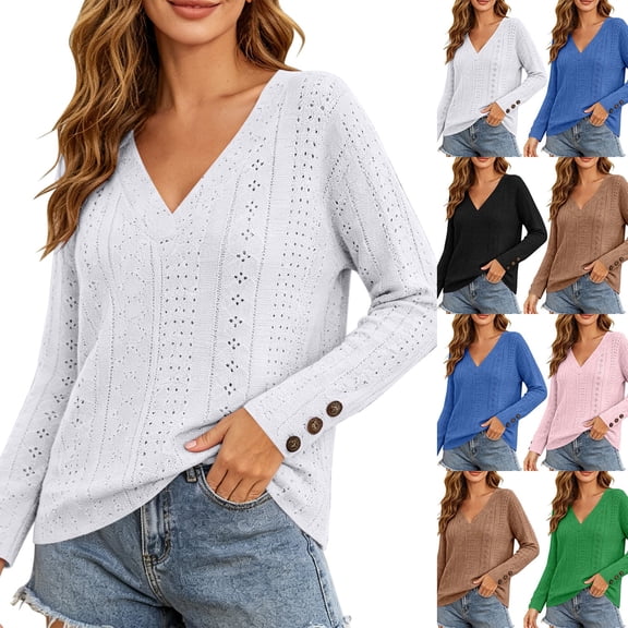Smsaxvxz Sweaters for Women Lightweight Loose V-neck Long Sleeve Hollow Out Knit Pullover Tops Fall Fashion Blouse White M