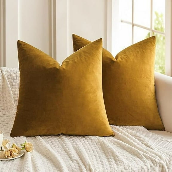 Wanhoo Pack of 2 Mustard Yellow Pillow Covers 20x20 Inch Decorative Velvet Throw Pillow Covers Modern Soft Couch Throw Pillows Farmhouse Home Decor for Fall Sofa Bedroom Living Room